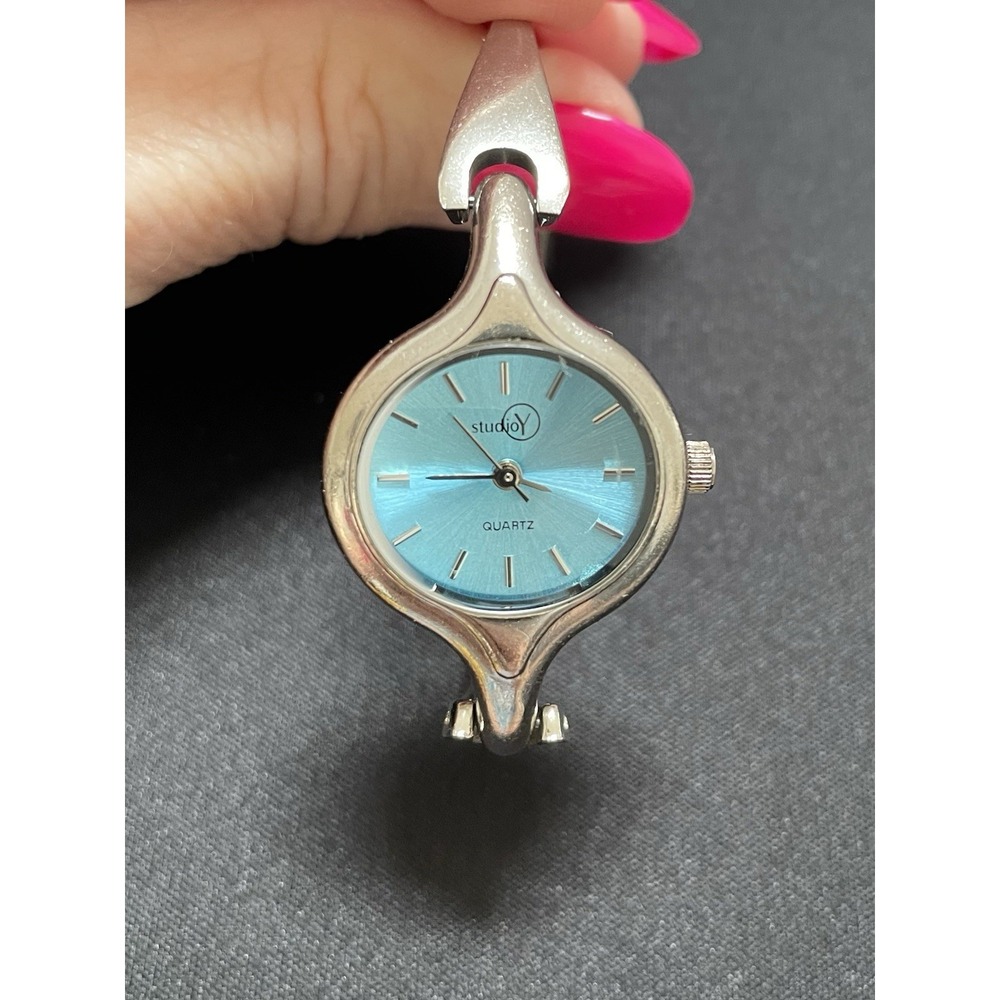 Y2K StudioY Bangle Sunburst Wristwatch Stainless Turquoise Cyan Blue Face Tested